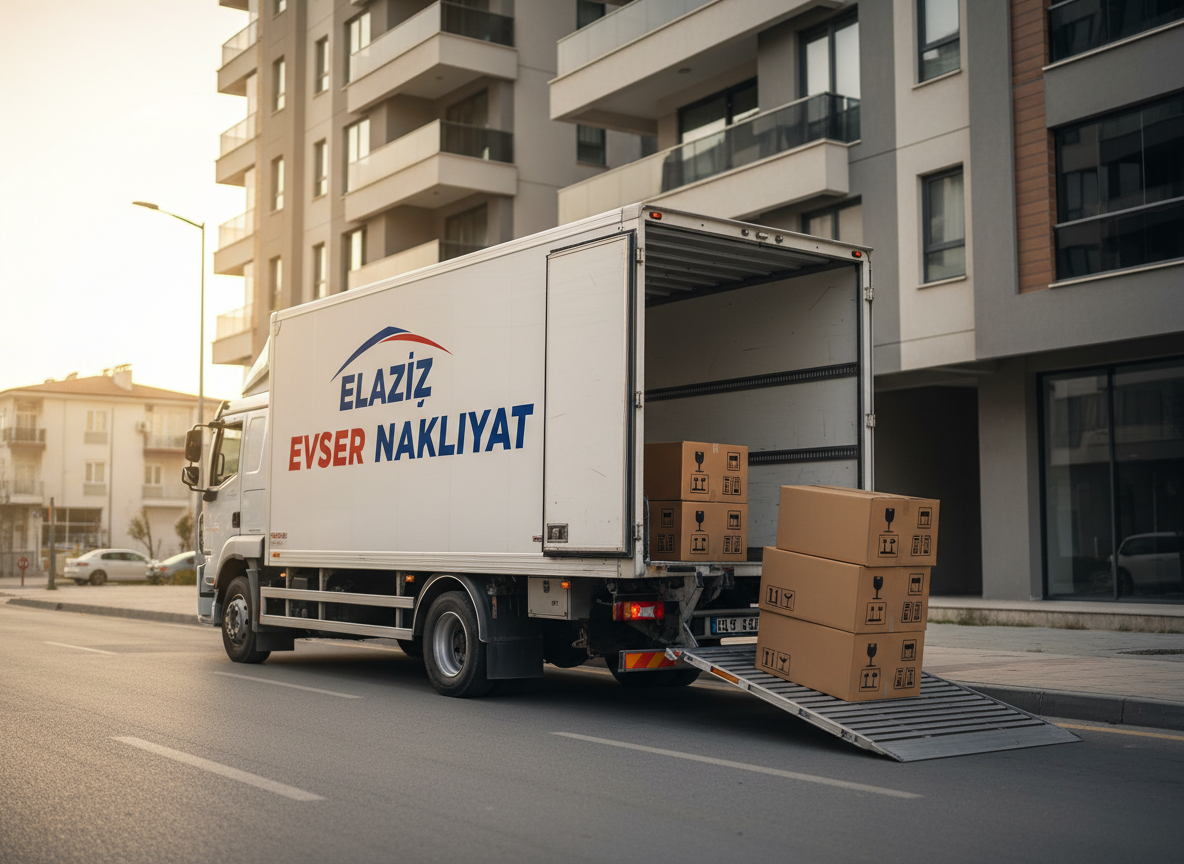 A modern, meticulously maintained white moving truck with the bold blue and red “Elazığ Evser Nakliyat” logo cleanly printed on the side, parked in front of a contemporary apartment building in Elazığ. Sturdy, neatly stacked cardboard boxes labeled with clear icons stand beside the open truck, with a polished aluminum loading ramp extending to the pavement. Soft late afternoon natural light bathes the scene, creating gentle reflections on the truck’s surface and subtle shadows on the ground. Captured at a slightly elevated, three-quarter angle with photographic realism, the composition emphasizes reliability and professionalism, with sharp focus on the truck and boxes and a softly blurred urban background to suggest efficient citywide service.